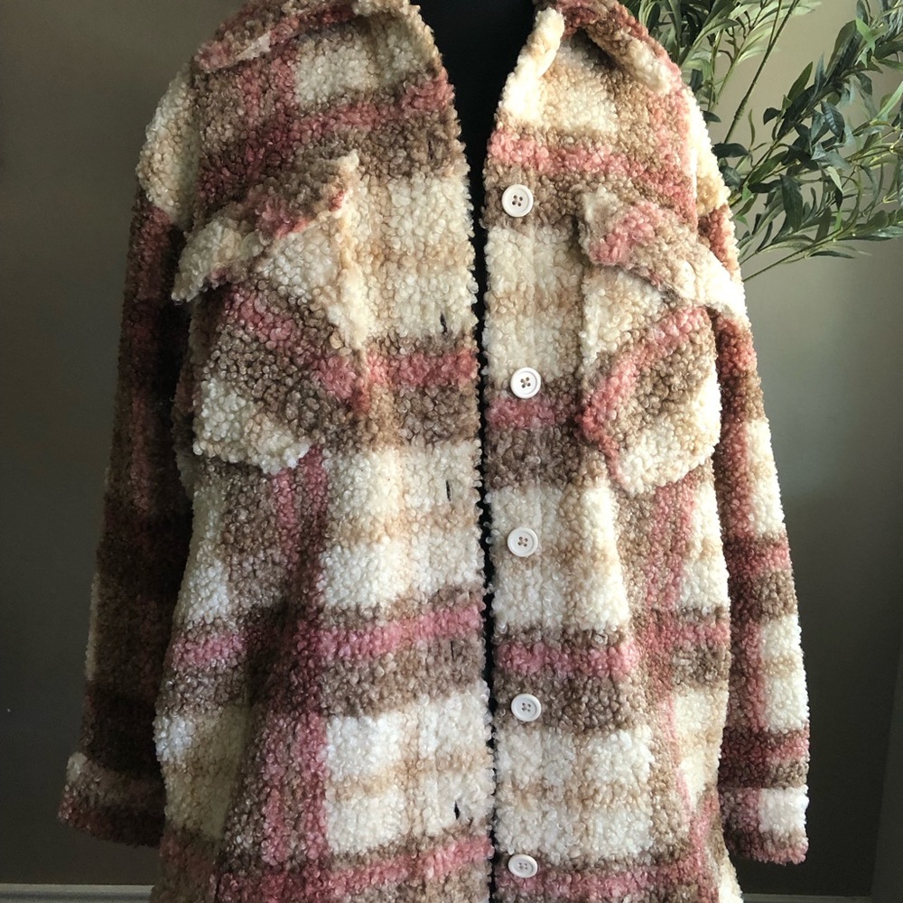 Plaid Sherpa Jacket - Pink and Cream